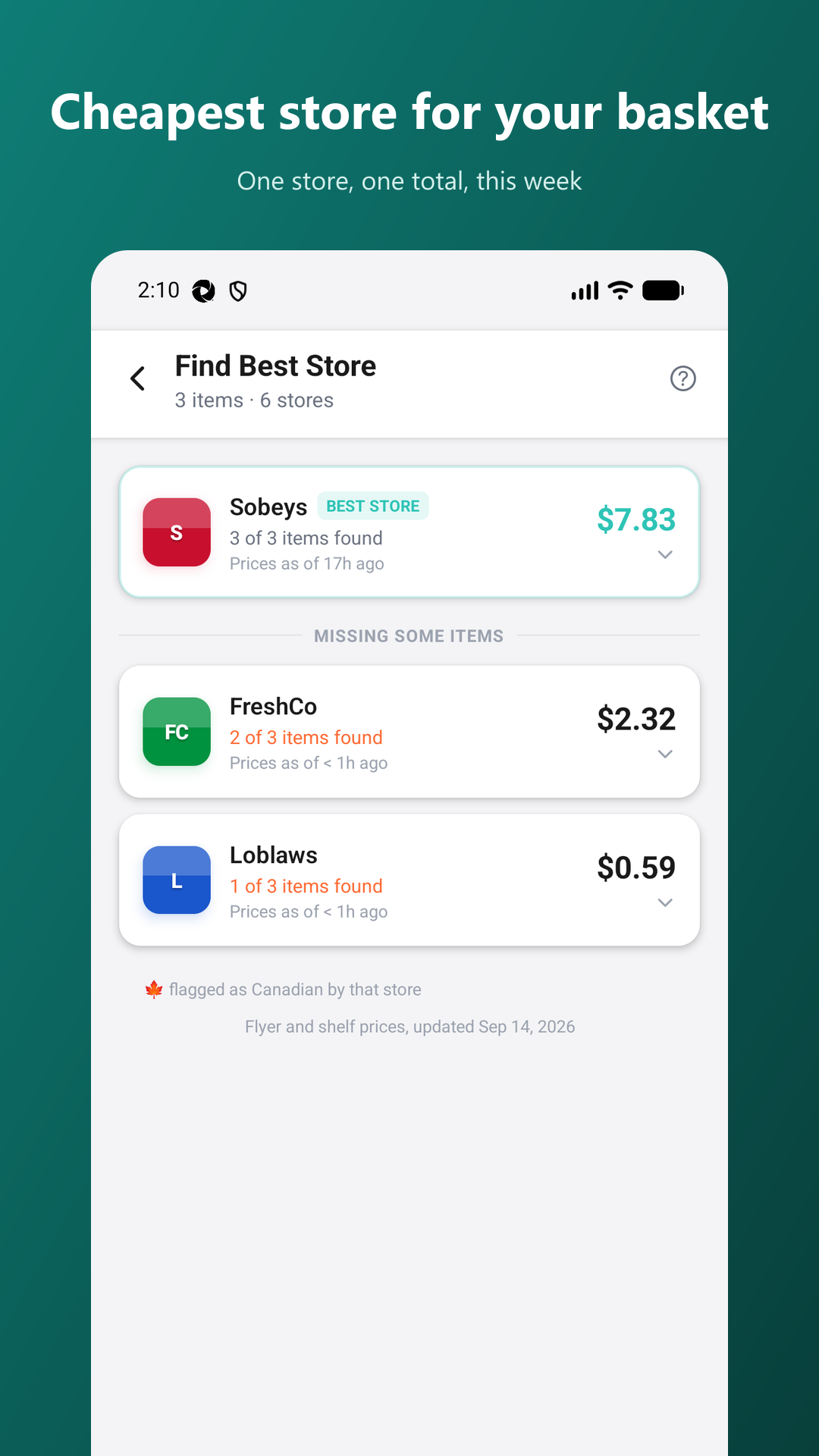 Basket: the cheapest store for a whole list
